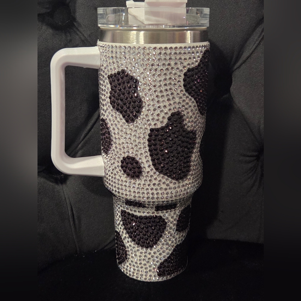 Black And White Sparkling Cow Print 40oz Tumbler with Rhinestones